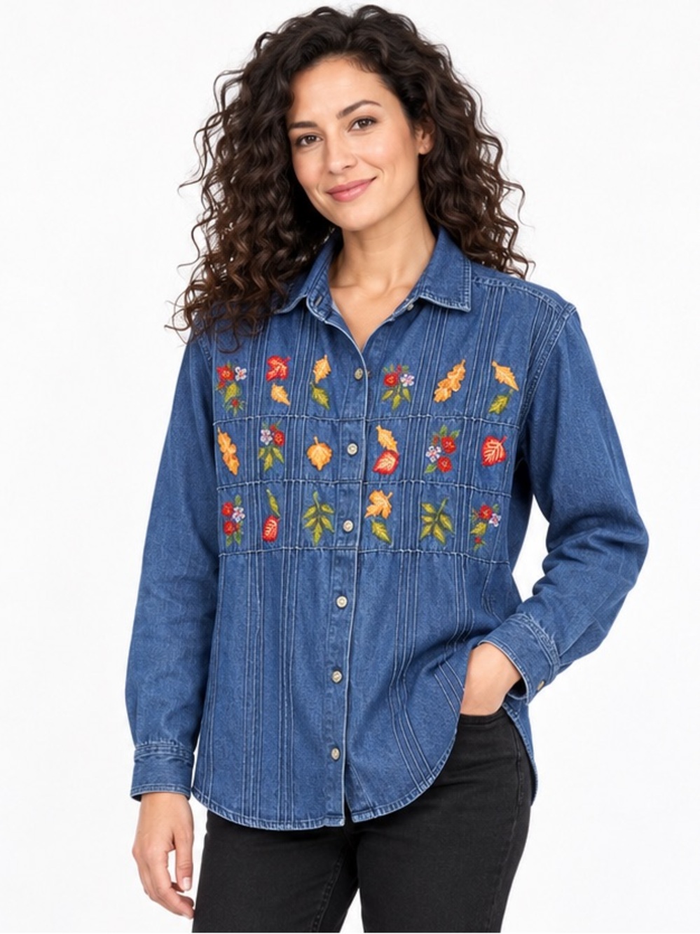 Vintage Casey & Max Embroidered Fall Leaves Denim Button Up Shirt Size S